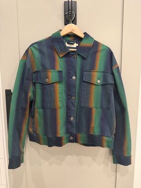 Thinking Mu Striped Green & Navy Women's Button-Up Denim Jacket